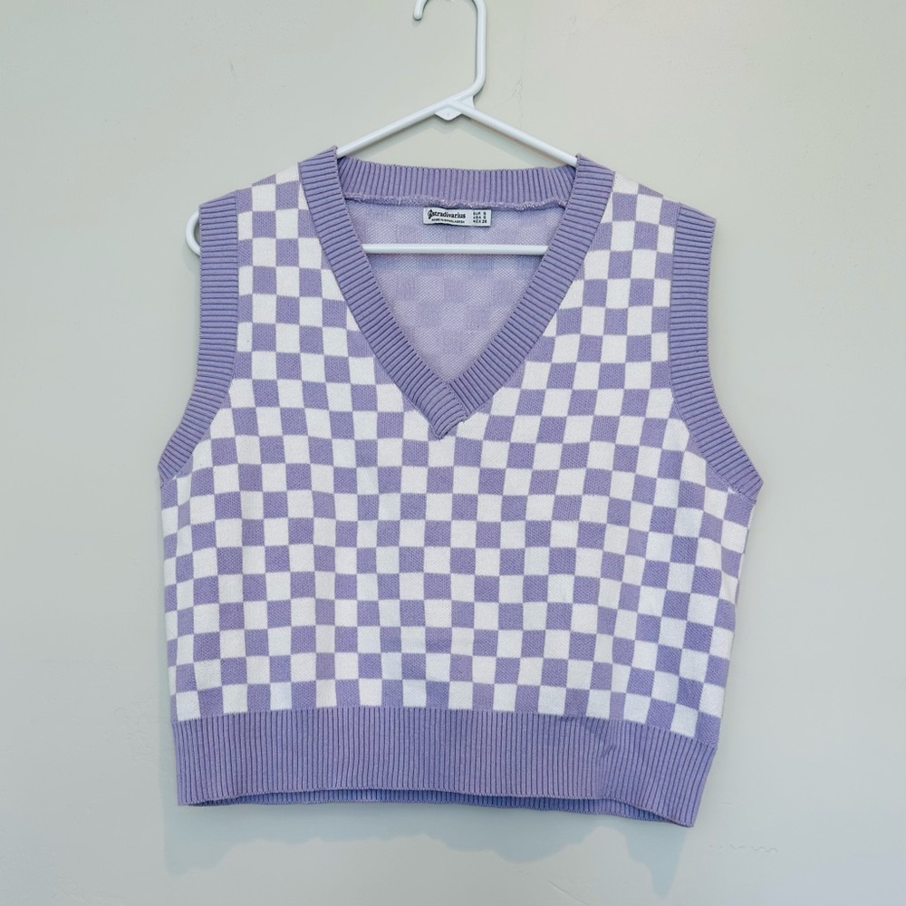 Stradivarius Sweater Vest Checkered Purple White Small
